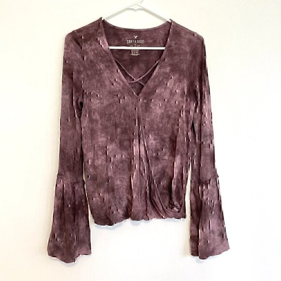 AMERICAN EAGLE Soft Sexy T Tie Dye Faux Wrap Top Purple Surplice Long Sleeve S - Picture 2 of 12